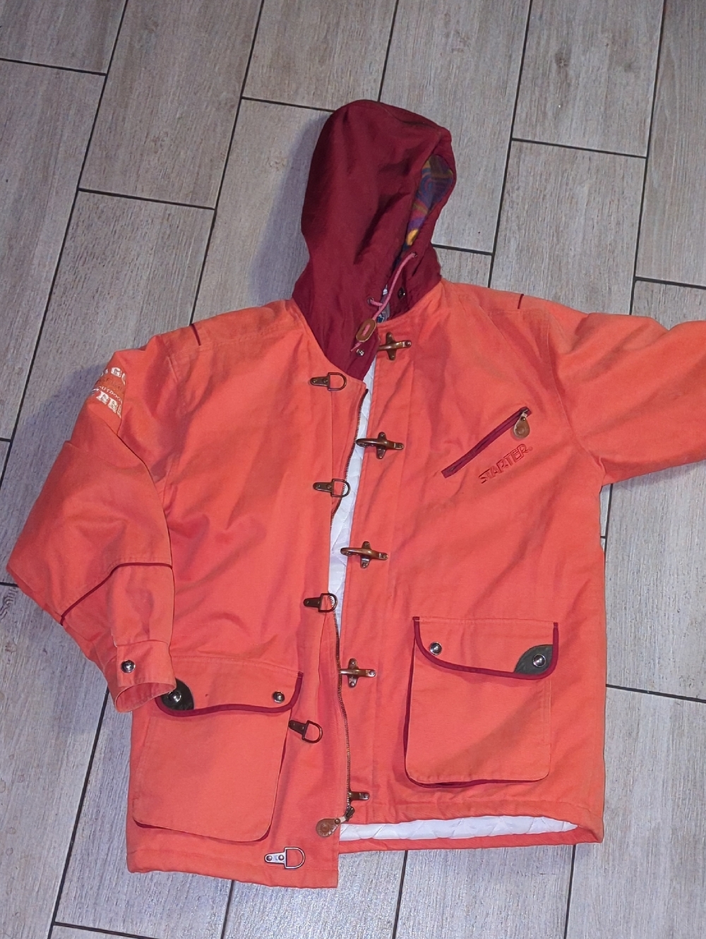 STARTER Orange Hooded Toggle Trench Coat with Burgundy Lining